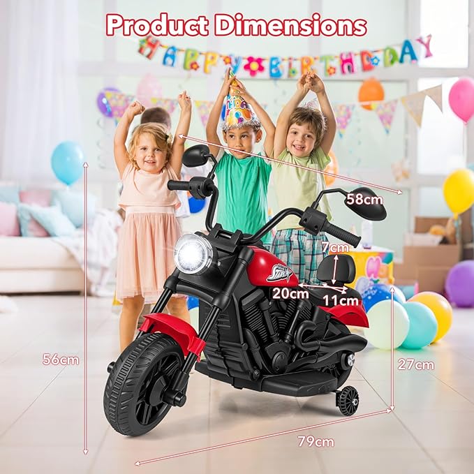 HONEY JOY Toddler Motorcycle, 6V Battery Powered Electric Motorcycle for Kids, Detachable Training Wheels, Music, Foot Pedal, Headlights, Forward/Backward, 3-Wheel Ride On Toy for Boys Girls (Red)