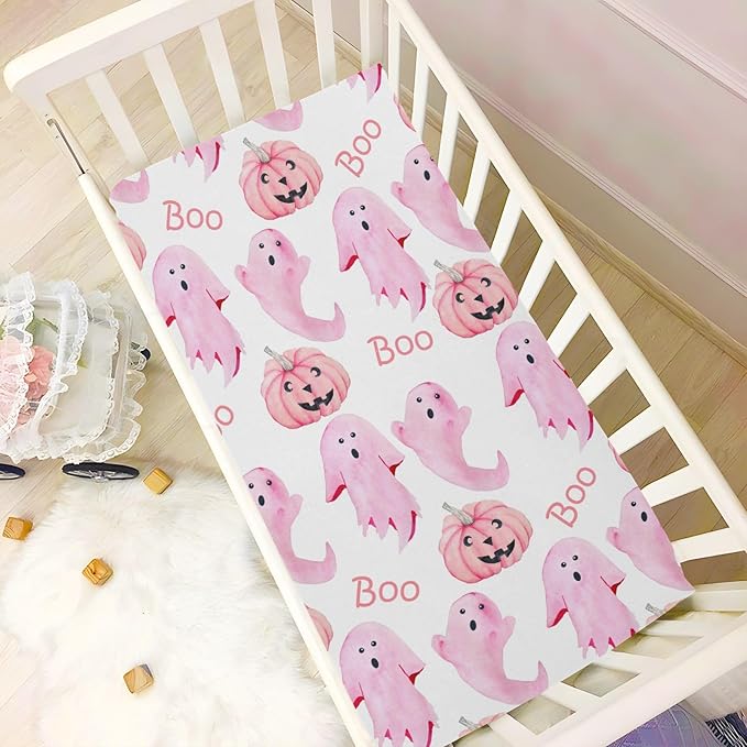 Halloween Ghosts Pink Crib Sheets Soft Breathable Fitted Baby Playard Sheets Mattress Cover for Girl Boys, 39" x 27" x 5"