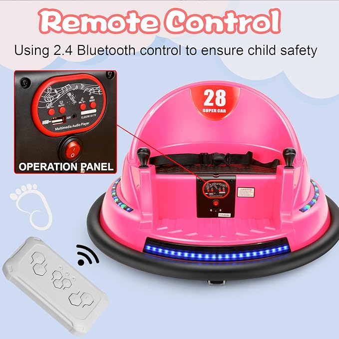 Edostory Electric Ride On Bumper Car Kids 12V 3-Speeds for Toddlers, 1.5-8 Years Old Baby Bumping Toy Cars, DIY Sticker Baby Toy Gifts, Remote Control, Bluetooth, 360 Spin ASTM-Certified Pink