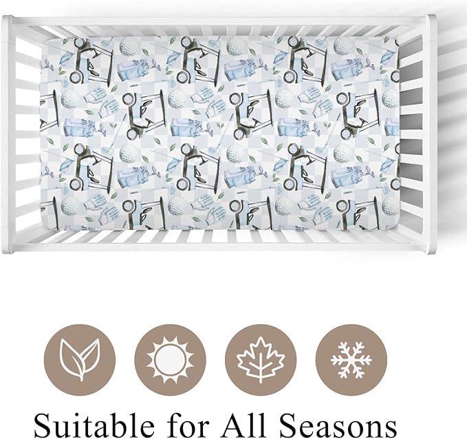 Golf Cart Gloves Bag Flag Blue Plaid Baby Crib Sheet for Boys Girls 52x28Inch Golfing Gear Sport Baby Sheet for Standard Crib and Toddler Bed Mattress Golfs Lovers Gift Nursery Bed Mattress