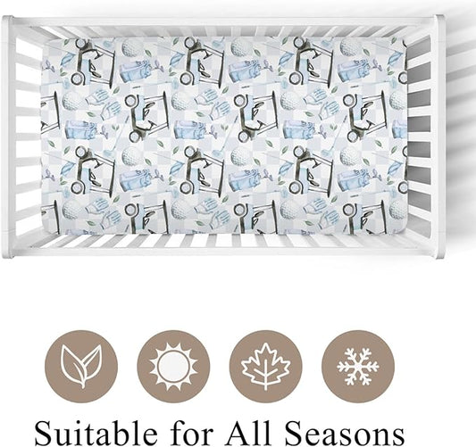 Golf Cart Gloves Bag Flag Blue Plaid Baby Crib Sheet for Boys Girls 52x28Inch Golfing Gear Sport Baby Sheet for Standard Crib and Toddler Bed Mattress Golfs Lovers Gift Nursery Bed Mattress