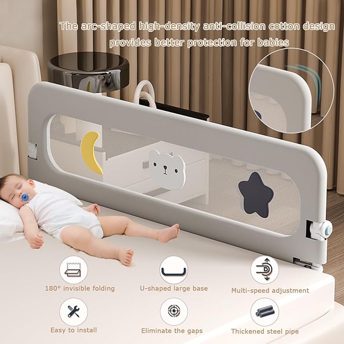 U Type Toddler Bed Rail Guard, Foldable Bed Rails for Toddlers, Adjustable, Safety, Convenient, Guard Rail with Twin, Full, Queen& King Size (Pink Cartoon, 71inch)