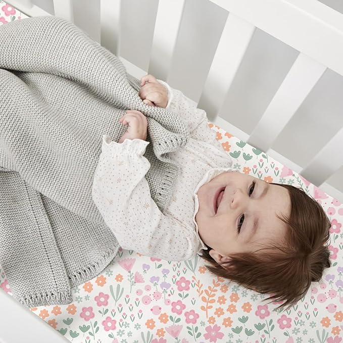 Little Grape Land Crib Sheets Baby Toddler Sheets 4 Pack Fitted for Boys Girls, Standard Size 28x52‘’ Crib Mattress, Super Soft Breathable Washable Microfiber (Floral/Blossom/Dots/Blush Pink)
