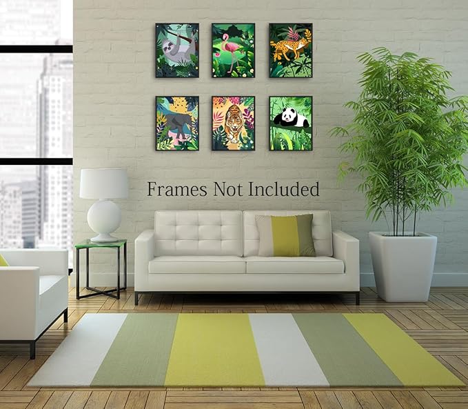 Jungle Safari Animal Wall Art Prints Poster,Tropical Nordic Safari Animal Wall Art,leopard Tiger Flamingo Tiger Palm Botanical Leaves Canvas Prints for Living Room Bedroom children's room decor,Set of