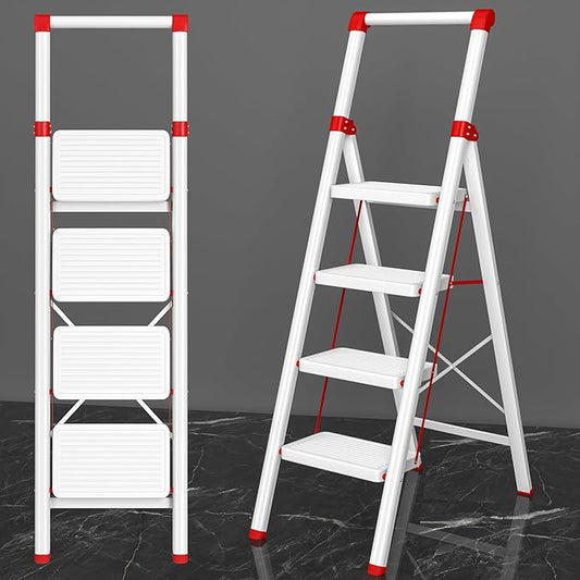 4 Step Ladder, DIAMONDFORGE Folding Step Stool with Wide Anti-Slip Pedal, Anti-Slip Feet and Handgrip, Sturdiest Steel Construction, Steel Ladder for Home, White Red