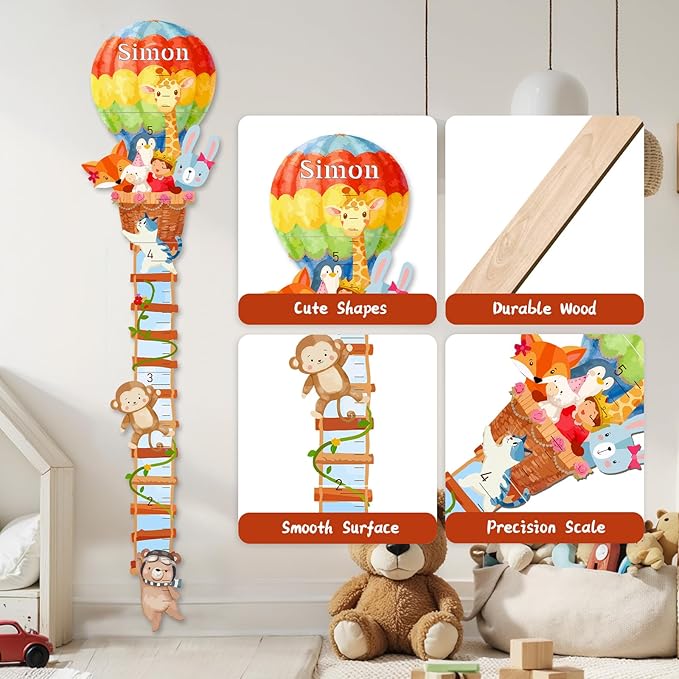 Woodemon Personalized Name Wooden Growth Chart for Wall, Animal Balloon Wood Baby Height Growth Chart Wall Kids Room Nursery Wall Decor