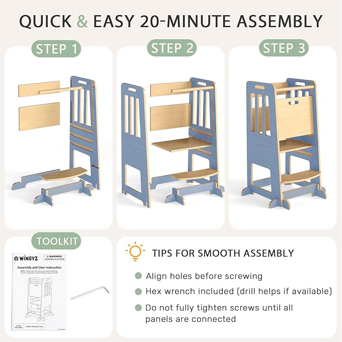 WINGYZ Toddler Tower – Adjustable Step Stool Helper for Kids 18M–6Y, Kitchen Learning Stool with Safety Rail, 3-Height Adjustable, Sliding Door, Full Support Foot, Wooden Updated Design, Light Blue