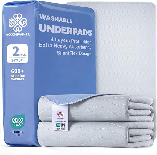 Accompagner Waterproof Reusable for Adults and Pets Washable Pee Pads for Dogs Changing Pad Large Dog Bed Size Adults Incontinence Bed Pads - Non-Slip Leak-Proof (Pearl Gray, 2Pack-36" x54")