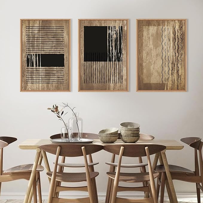 CHDITB Abstract Line Wall Decor, Vintage Black Brown Framed Canvas Wall Art, Mid Century Modern Art Print Home Decor, Boho Neutral Minimalist Painting For Living Room Bedroom Dining Room Office 16"x24