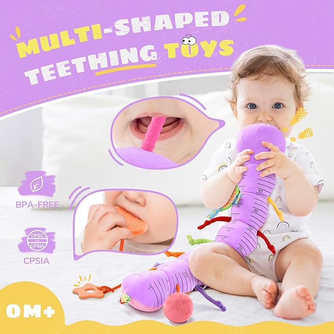 Baby Toys 6-12 Months Music Caterpillar,Stuffed Animals Infant Toys 0-3-6 Months,Teething Sensory Toys Tummy Time with Mirror Crinkle Rattle&Pull String for Boys Girls Gifts Birthday|Purple