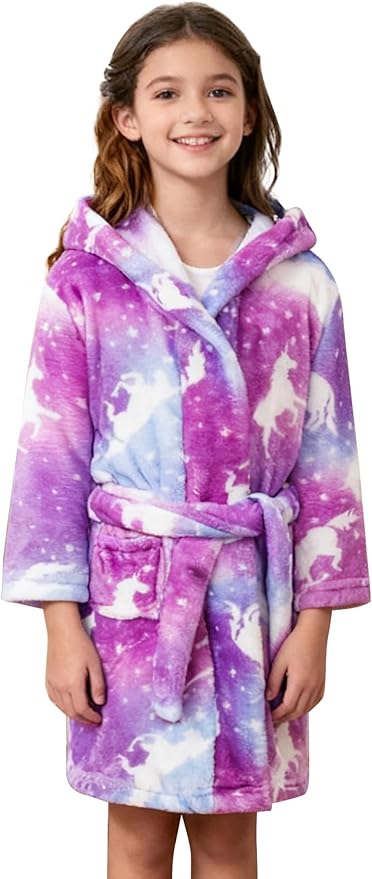 SANGTREE Boys Girls Robe Fleece Hooded Soft Toddler Bathrobe Cute Boys Bathrobe Fuzzy Plush Robes for Kids, 2-12 Years