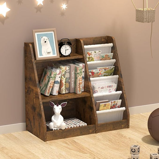 HedoAjim Kids Bookshelf for Bedroom Toddler Children Baby Bookcase 3-Tier for Nursery Book Toy Storage Organizer 4 Sling Adjustable Display Shelf Book Rack Wood Classroom Playroom Rustic Brown