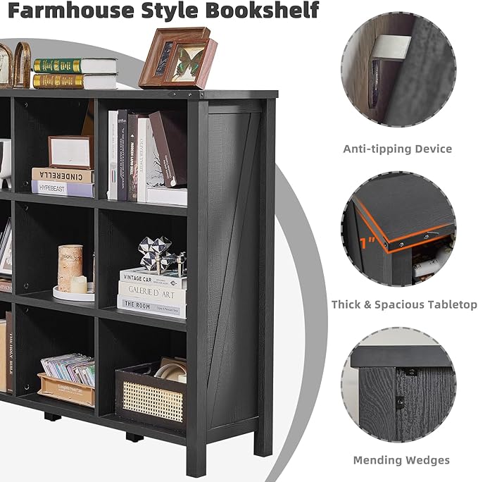 Joaxswe 9 Cube Bookcase, Farmhouse 47 Inch Wide Black Bookshelf, Wooden 3 Tier Display Large Open Book Shelf, Vintage Horizontal Book Case for Home Office, Cubby Storage Cabinet for Living Room