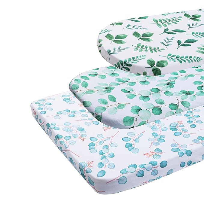 Onacosht Bassinet Sheets Set 3 Pack for Baby Boy and Girl, Stretchy Jersey Knitted Fitted Sheet, Universal for Oval Rectangle and Hourglass Bassinet Mattress, Watercolor Greenery Botanical Leaf