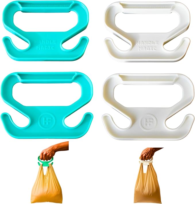 Handle Magic (4 Units) Bag Carriers | Ergonomic Grip and Bag Holder | Pocket Size | Lightweight & Comfortable for Shopping & Trave - Made in USA (White Green)