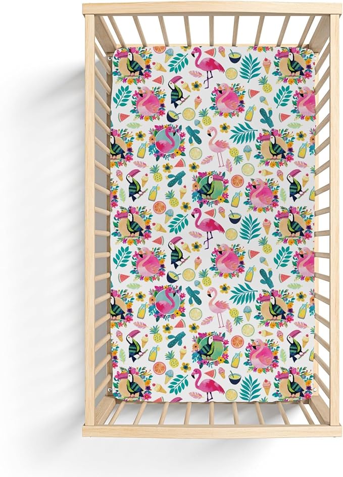 Pink Flamingo Toucan Tropical Fruits Baby Crib Sheets for Boy Girl 52"x28" Colorful Summer Birds Leaves Soft Snug Fitted Crib Mattress Cover Hawaiian Baby Sheet for Standard Crib & Toddler Mattress