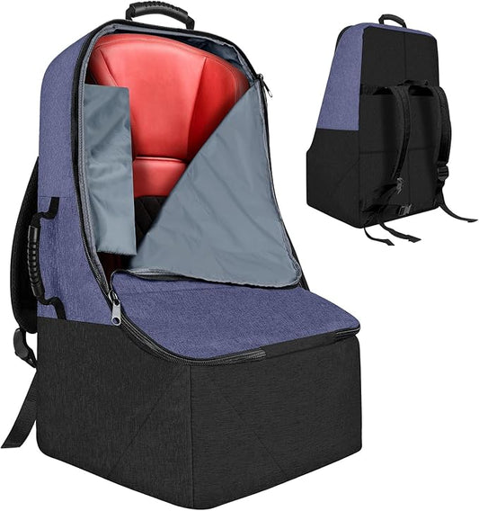 ZRRAJOY Padded Car Seat Travel Bag for Airplane, Heavy Duty Backpack for Air Travel, Water-Resistant Carrier with Shoulder Strap, Fits Most Car Seats (Blue+Black)