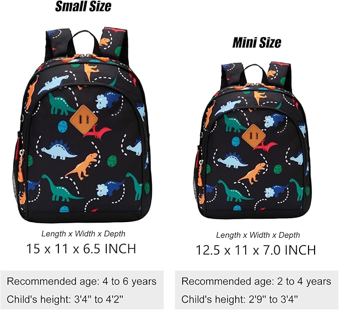 JinBeryl Toddler Backpack for Boys or Girls, Little Kids Backpack for Preschool or Kindergarten (Dinosaur Black, Mini)