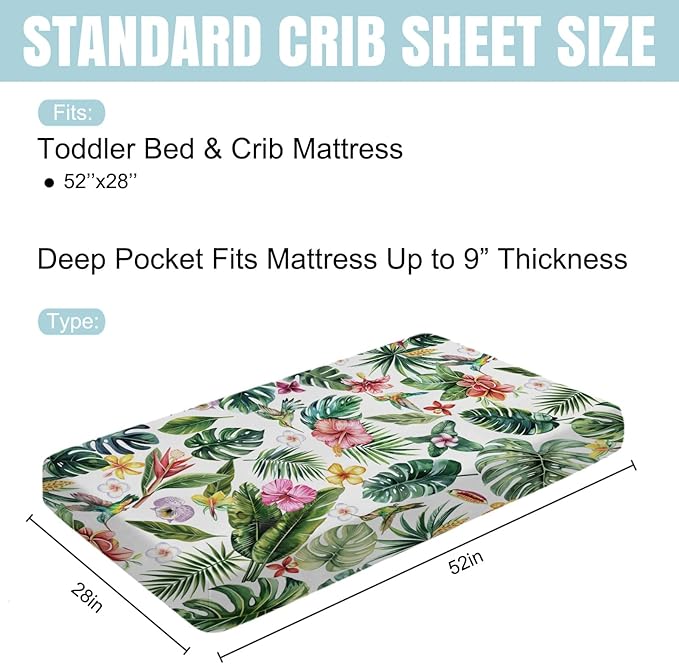 Green Tropical Leaves Floral Hummingbirds Baby Crib Sheets 52''x28'' Rainforest Monstera Leaves Snug Fitted Crib Mattress Covers for Boy Girl Soft Nursery Bed Sheet for Standard Crib Toddler Mattress