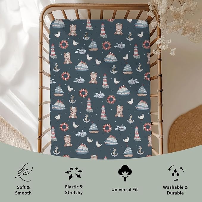 Sailor Bear Watercolor Baby Crib Sheets for Boy Girl 52x28Inch Bear Lighthouse Anchors Boats Soft Snug Fitted Crib Mattress Cover Coastal Nautical Life Baby Sheet for Standard Crib & Toddler Mattress