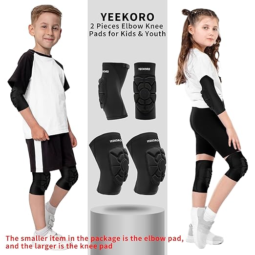Kids/Youth Knee Pads + Elbow Pads, Compression Support Sleeve with Thickened Pad, Breathable & Lightweight Protective Gear for Basketball Wrestling Football Volleyball Snowboarding Dance(S)