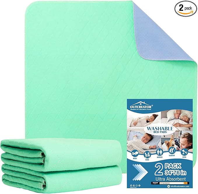 OUTCREATOR® Washable Bed Pads 34" x 76" (Pack of 2), Incontinence Mattress Protector, Anti-Slip Waterproof Underpads for Adults Kids Elderly Pets, Absorbency & Reusable Bedwetting Pads (Solid Green)