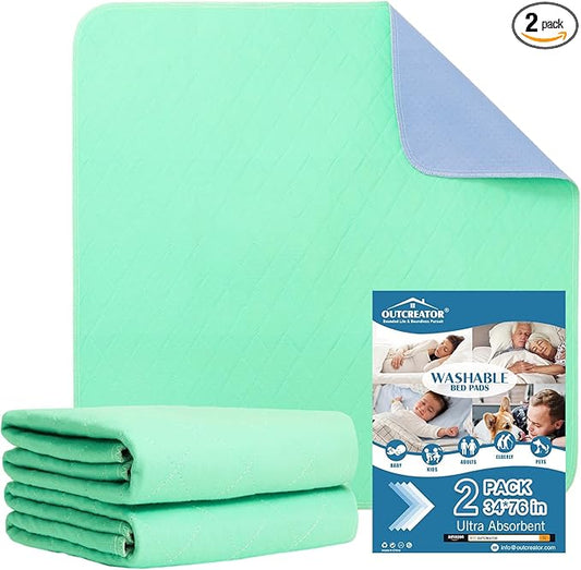 OUTCREATOR® Washable Bed Pads 34" x 76" (Pack of 2), Incontinence Mattress Protector, Anti-Slip Waterproof Underpads for Adults Kids Elderly Pets, Absorbency & Reusable Bedwetting Pads (Solid Green)
