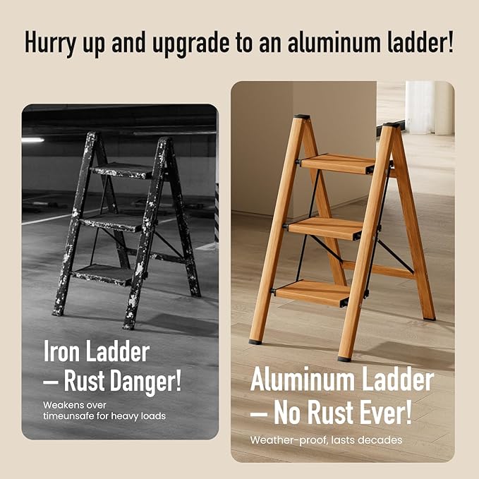 Mayi Plus 3 Step Ladder,Aluminum Folding Step Stool for Adults,Step Ladder with Wide Anti-Slip Pedal,330 lbs Capacity for Home,Office,Kitchen,Library(Woodgrain