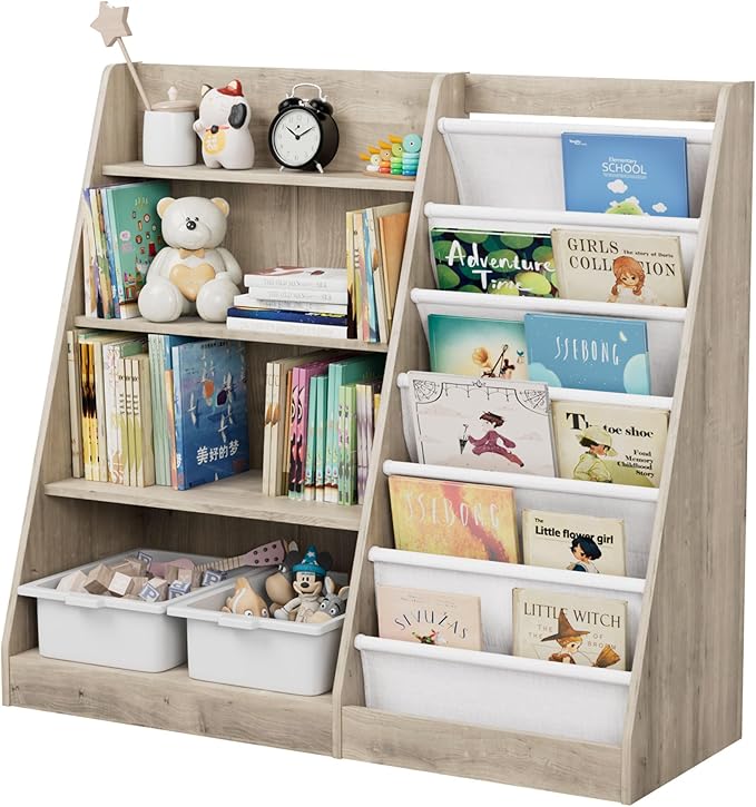 HedoAjim Kids Bookshelf Wood Toy Storage Organizer Cabinet Children Bookcase Toddler Baby Sling Book Rack Adjustable Shelf for Playroom Bedroom Nursery Hallway School Kindergarten