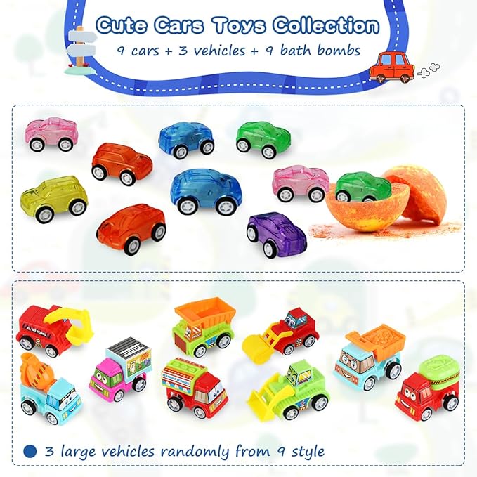 Bath Bombs for Kids with Toys Inside, Kids Bath Bombs for Boys Girls, 9-Piece Bathbomb Set Includes 9 Pull-Back Cars and 3 Vehicles, Halloween Christmas Birthday Easter Gift Set for Children