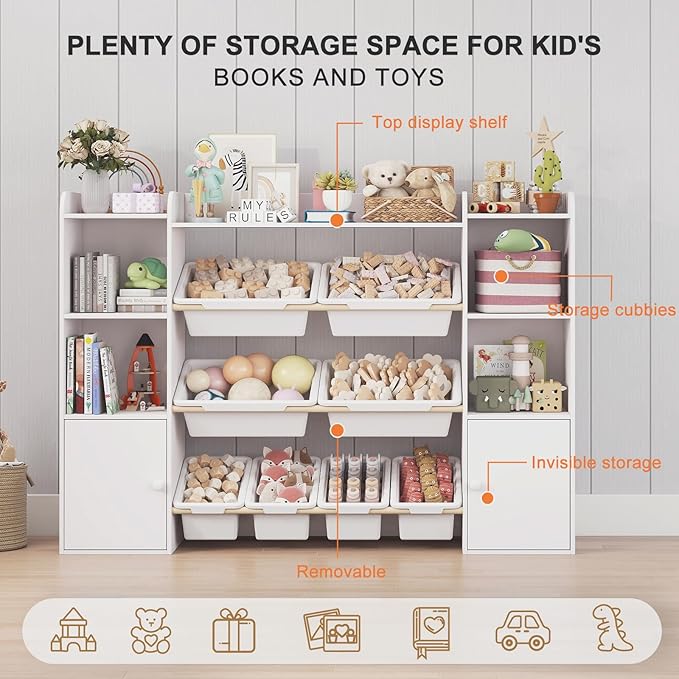 PTINFLUCE Toy Storage Organizer with 8 Toy Bins, Kids Toy Organizers and Storage with Shelf, Toddler Bookshelf and for Classroom, Living Room, Kids Room, Playroom