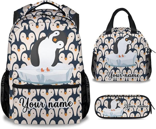 COOPASIA Personalized Penguin Backpack with Lunch Box and Pencil Case, 16 Inch Penguin Theme Bookbag with Adjustable Straps, Durable, Lightweight, Large Capacity, School Backpack for Girls Women