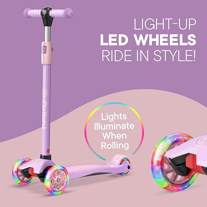 Dribbl 3-Wheel Kids Scooter - Lean-to-Steer Technology, Adjustable Height Handlebar, Wide Anti-Slip Deck, Scooter for Boys & Girls Ages 3+, Child Safety Approved, Support Riders Up to 165 lbs, Purple
