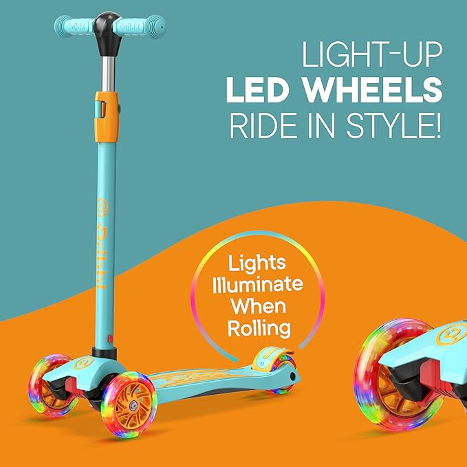 Dribbl 3-Wheel Kids Scooter - Lean-to-Steer Technology, Adjustable Height Handlebar, Wide Deck, Scooter for Boys & Girls Ages 3+, Child Safety Approved, Support Riders Up To 165 lbs, Light Blue/Orange