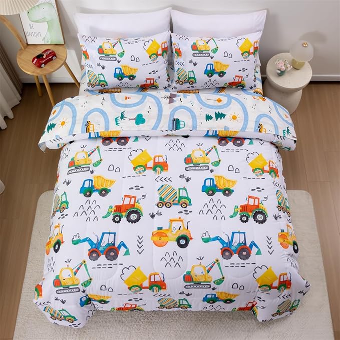 NTBED 5 Pieces Construction Truck Twin Comforter Set for Boys Kids Colorful Painting Vehicles Excavator Lightweight Microfiber Bedding Sets