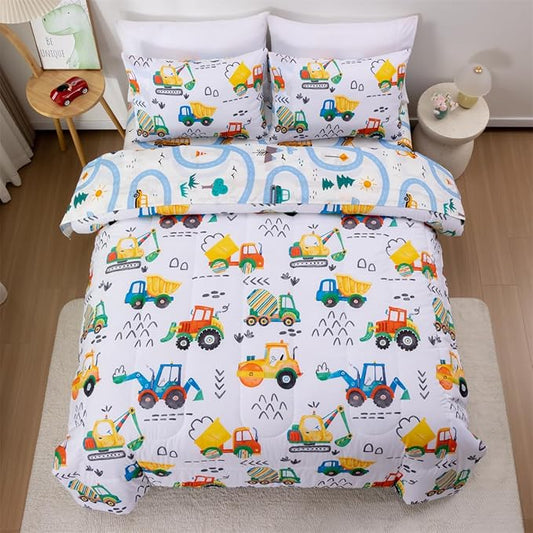 NTBED 5 Pieces Construction Truck Twin Comforter Set for Boys Kids Colorful Painting Vehicles Excavator Lightweight Microfiber Bedding Sets