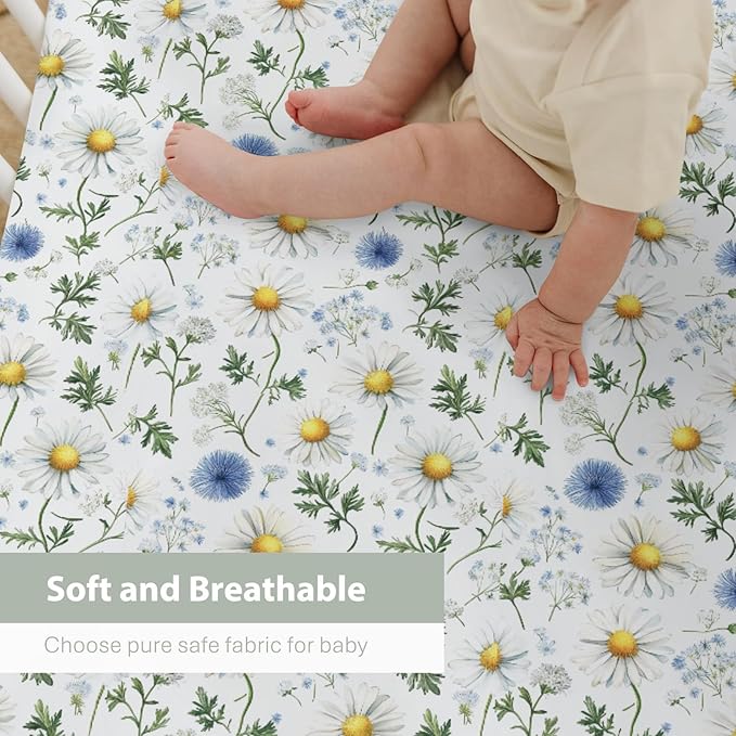 Vintage Daisy Boho Floral Baby Crib Sheets for Boy Girl 52x28Inch Wild Flowers Leaves Soft Stretchy Fitted Crib Mattress Cover Spring Summer Baby Sheet for Standard Crib and Toddler Mattress