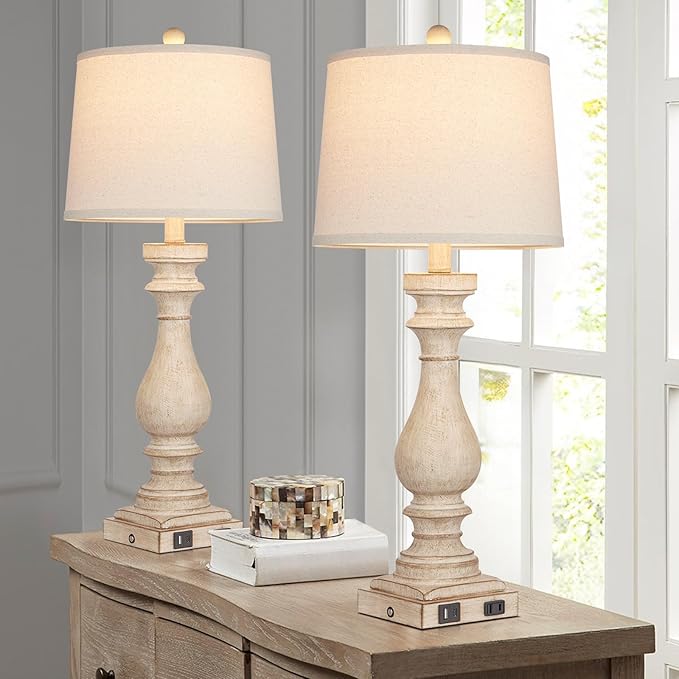 Cinkeda 29" Tall Table Lamp for Living Room Set of 2,Farmhouse Nightstand Bedside Lamps with USB C+A Ports & AC Outlet,3-Way Dimmable Touch Control Desk Lamp for Bedroom,Color 1