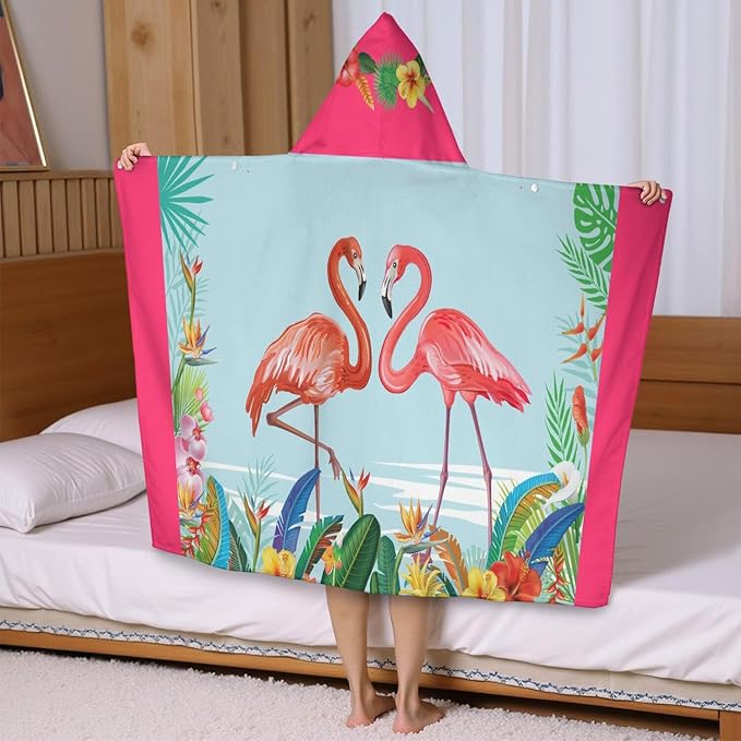 Thickened Hooded Towels for Kids Suitable Girls Boys Kids Bath Towels, 35"x60" Super Absorbent, Flamingo Cute Cartoon Toddler Towels Multi-Purpose for Beach, Pool and Bathroom