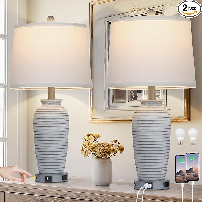CINSARY 25" Farmhouse Jar Table Lamps Set of 2, 3 Way Touch Control Rustic Bedside Lamps with USB A+C Ports & AC Outlet, Pot Nightstand Lamps for Bedroom Living Room (LED Bulbs Included)