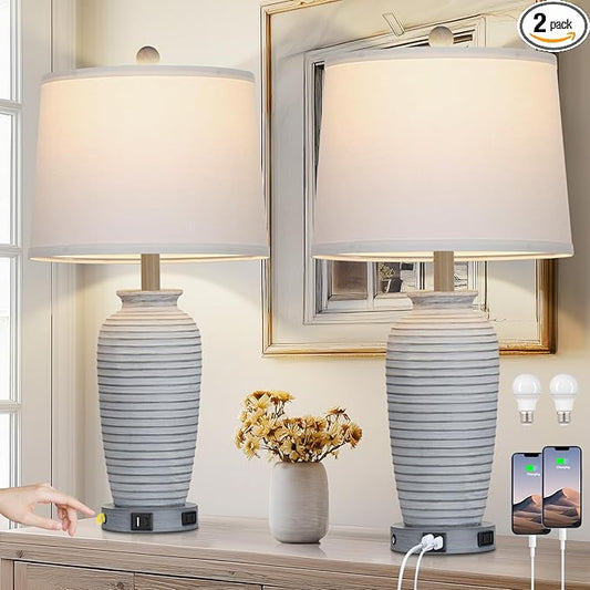 CINSARY 25" Farmhouse Jar Table Lamps Set of 2, 3 Way Touch Control Rustic Bedside Lamps with USB A+C Ports & AC Outlet, Pot Nightstand Lamps for Bedroom Living Room (LED Bulbs Included)
