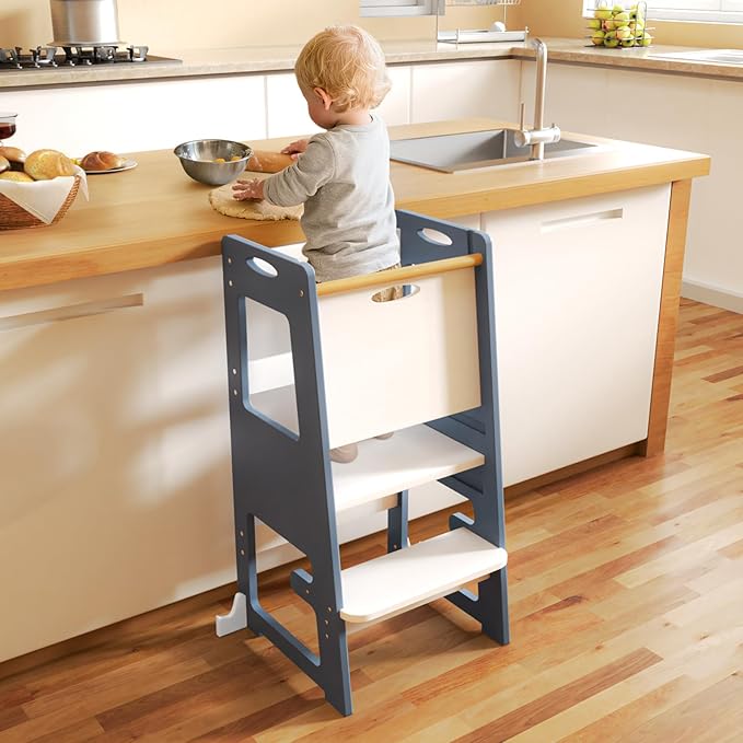 Kitchen Step Stool, Standing Tower for Kids, Adjustable Height Toddler Kitchen Tower with Anti-Slip Design & Safety Rails, Toddler Standing Step Stool with Wide Stable Base-Blue