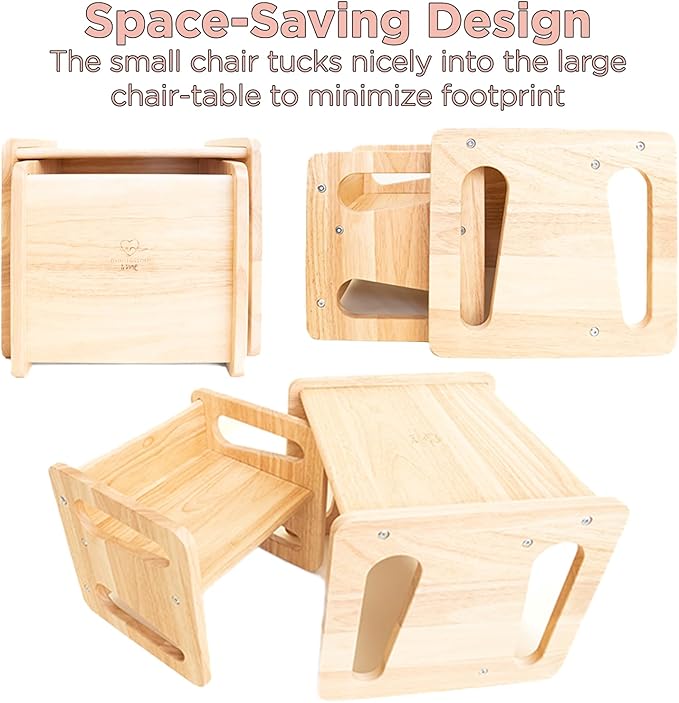 Montessori Weaning Table and Chair Set - Solid Wooded Toddler Table - Cube Chairs for Toddlers - Real Hardwood - Kids Montessori Furniture