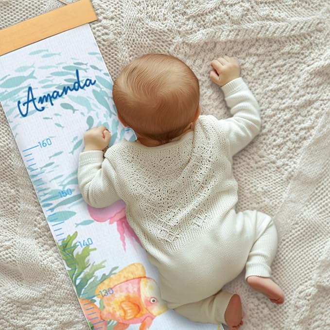 Woodemon Personalized Name Growth Chart for Wall, Painted Marine Animals Canvas Height Chart for Kids Baby Child Toddler, Canvas Growth Chart for Wall Nursery Decor, Hangable & Waterproof