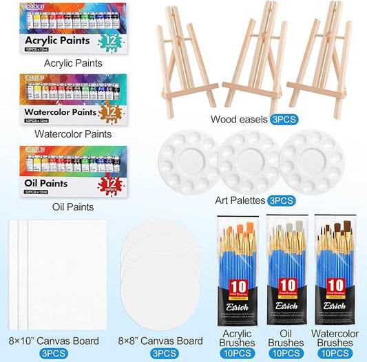 ESRICH 78Pack Acrylic Paint Set, Painting Kits for Adults, Paints Kit With3 Pack of 12 Colors Paint 3 Sets of Wooden Easels, Canvas, Brushes, Palette, Art Paint Supplies Kit for Adults Beginner