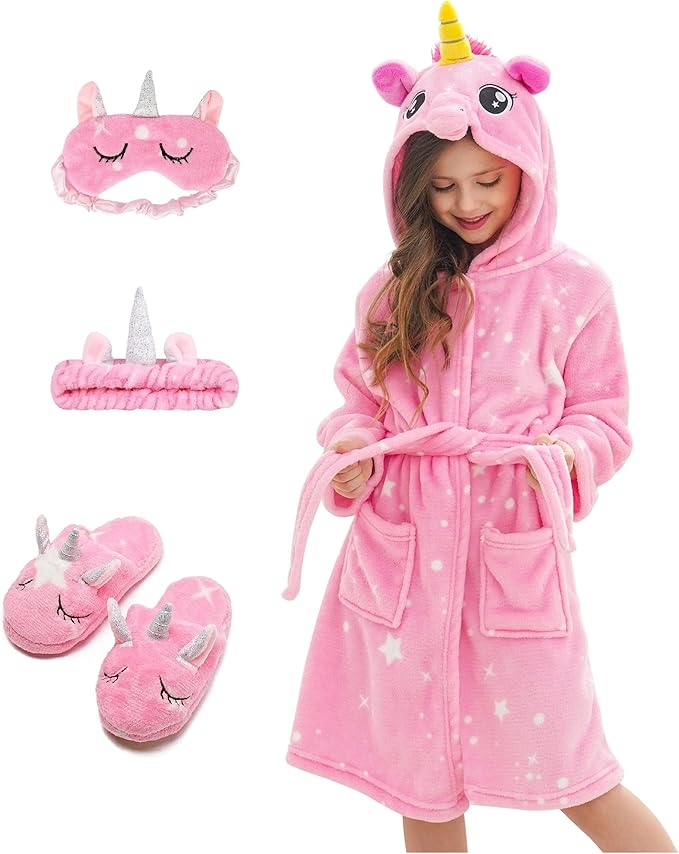 Soft Unicorn Hooded Robe with Matching Slippers Headband and Blindfold for Girls