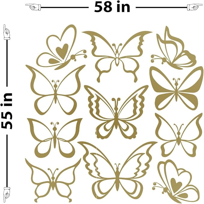 Butterfly Wall Art Vinyl Stickers DIY Nursery or Girls Room Decor Peel and Stick Butterflies Decals (Gold, 55x58 inches)