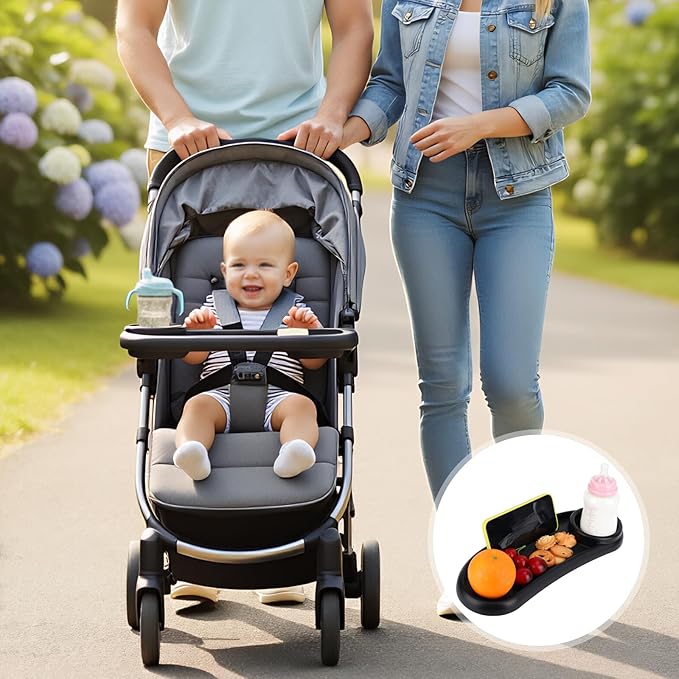 Universal Stroller Snack Tray Compatible with Mockingbird and Most Others Adjustable Universal Snack Tray for Stroller with Cup Holder and Phone Holder Detachable Enlarged Thickened Accessories Black