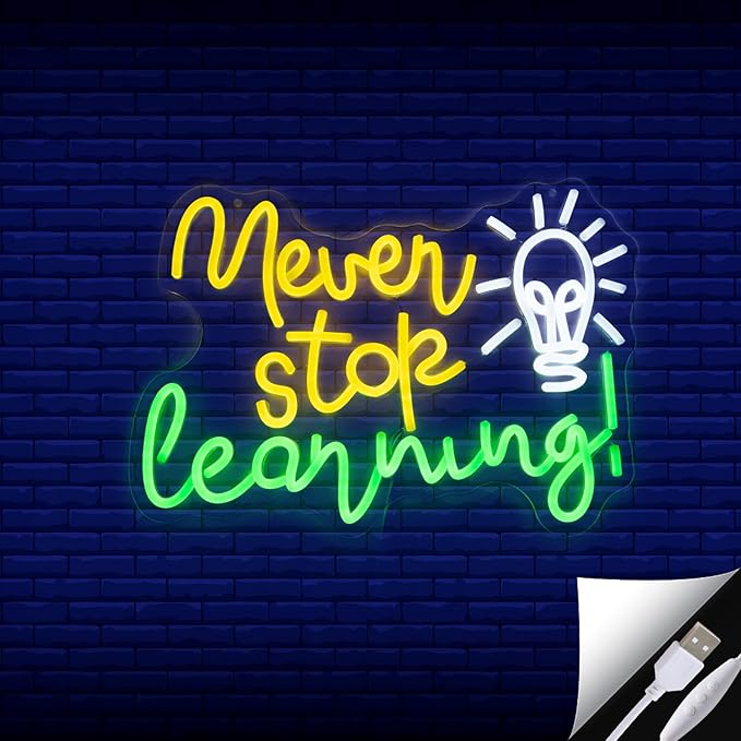 Never Stop Learning Neon Sign Letters neon signs for Wall Decor Dimmable 5V USB Powered Classroom LED Light Sign for Study Office Decoration Education Gifts.(16.5x11.8in)(Yellow, Green, Cool White)