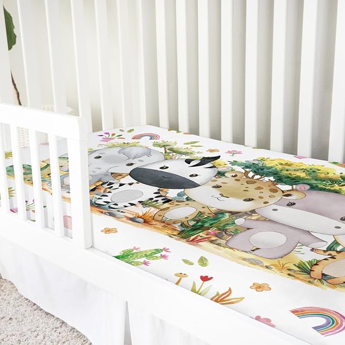 Baby Jungle Safari Animals Tropical Leaves Flowers Baby Crib Sheet 52''x28'' Fitted Crib Mattress Cover for Boy Girl Nursery Bed Sheet Fits Standard Crib Toddler Mattress (African, One Size)